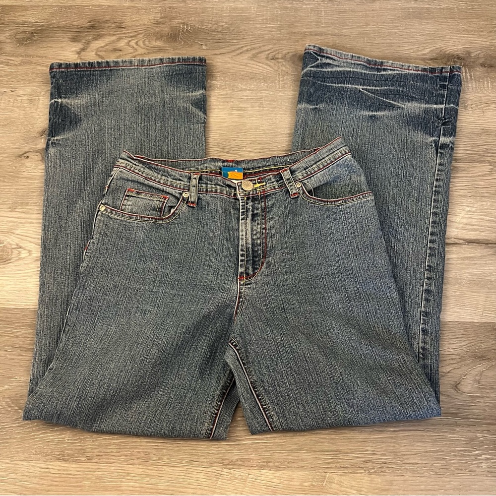 Y2K Kaycie faded flare denim jeans low rise red stitching and folded pockets